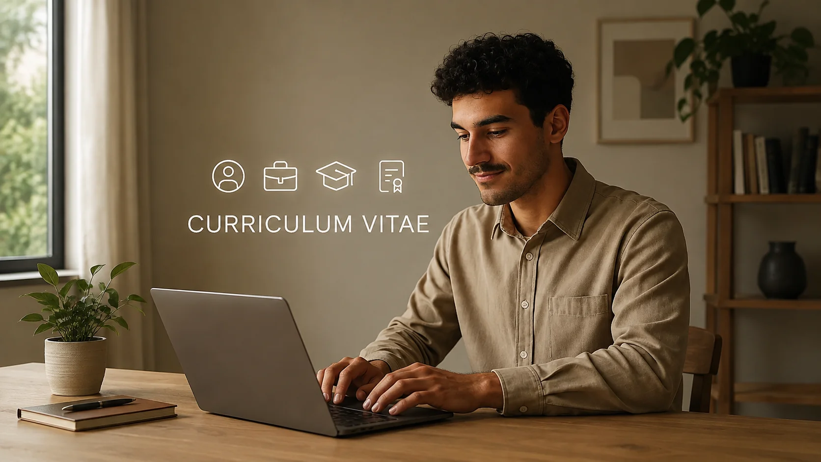 Jonge man typt zijn curriculum vitae (cv) op een laptop in een moderne werkomgeving, met daarboven subtiele icoontjes voor profiel, werkervaring, opleiding, vaardigheden en certificaten.