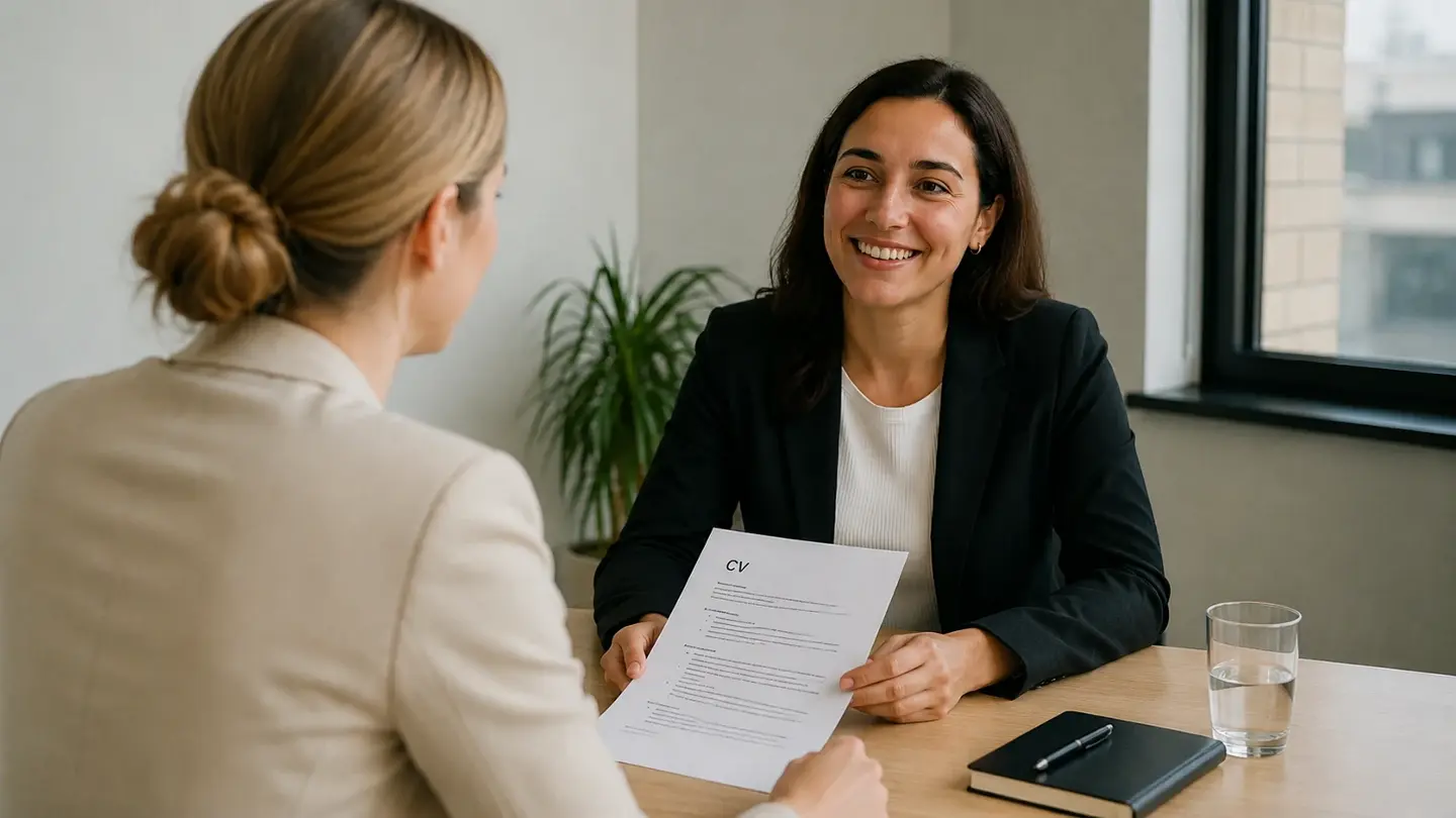 Solliciteren 2.0: Kandidaat zit lachend aan tafel tijdens een sollicitatiegesprek, terwijl de interviewer haar curriculum vitae vasthoudt.