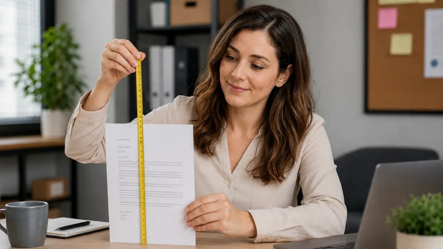 Vrouw die met een meetlint de lengte van haar motivatiebrief opmeet – want tja, hoe lang mag een motivatiebrief eigenlijk zijn?