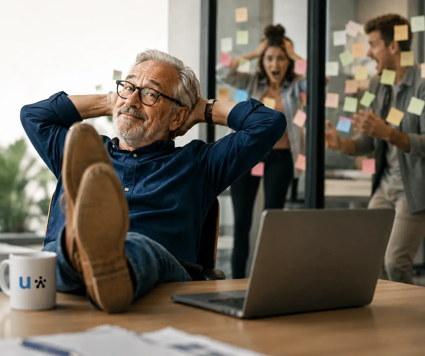 Senior man met benen op bureau